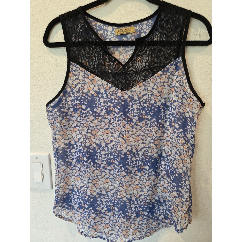 Bella Blue Floral V Neck Tank Sz M BlackLace Inset‎ Neck SemiSheer Boho Festival